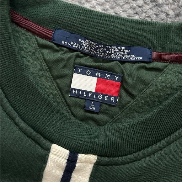 Vintage Tommy Hilfiger Crew Neck Varsity Logo Stripes Green Men Size Large - Picture 10 of 11